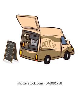 Coffee on wheels. Mobile cafe. Coffee car. Hand drawn cartoon vector illustration.