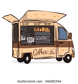 Coffee on wheels. Mobile cafe. Coffee car. Hand drawn cartoon vector illustration.