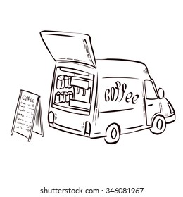 Coffee on wheels. Mobile cafe. Coffee car. Hand drawn cartoon vector illustration.