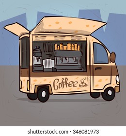 Coffee on wheels. Mobile cafe. Coffee car. Hand drawn cartoon vector illustration.