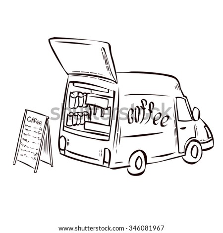 Coffee on wheels. Mobile cafe. Coffee car. Hand drawn cartoon vector illustration.