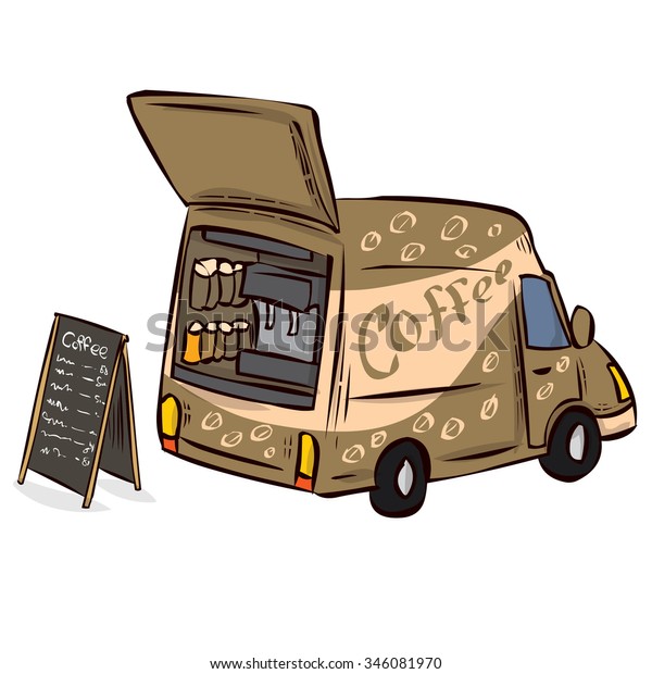 Coffee on wheels. Mobile cafe. Coffee car.\
Hand drawn cartoon vector\
illustration.
