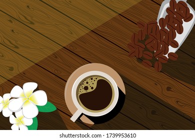 Coffee on a wooden table with coffee beans and plumeria flowers