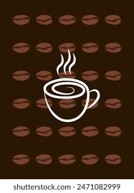 coffee one line art, coffee cup,  background of coffee beans, banner poster for coffee shop decoration