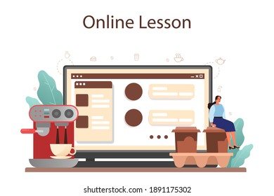 Coffee online service or platform. Barista making a cup of hot coffee. Energetic tasty beverage for breakfast with milk. Online lesson. Vector illustration