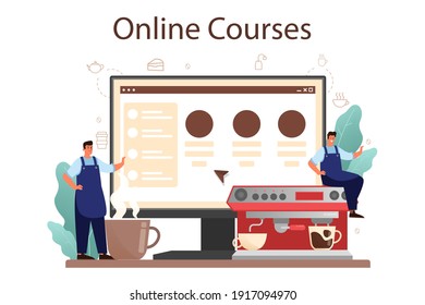 Coffee online service or platform. Barista making a cup of hot coffee. Energetic tasty beverage for breakfast with milk. Online course. Vector illustration