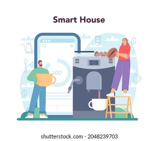 Coffee online service or platform. Barista making a cup of hot coffee in coffee machine. Tasty beverage for breakfast. Smart house. Flat vector illustration