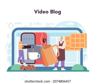 Coffee online service or platform. Barista making a cup of hot coffee in coffee machine. Tasty beverage for breakfast. Video blog. Flat vector illustration