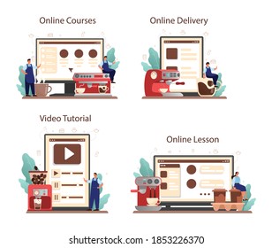 Coffee online service or platform set. Barista making a cup of hot coffee. Energetic tasty beverage for breakfast with milk. Online course, lesson, delivery, video tutorial. Vector illustration