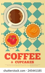 Coffee and Orange and Strawberry Cupcakes in Retro Design - Advertising, Menu Cover. Vector Illustration.