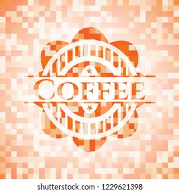 Coffee orange tile background illustration. Square geometric mosaic seamless pattern with emblem inside.