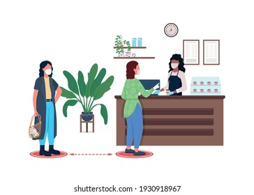 Coffee ordering flat color vector faceless characters. Covid pandemia rules. Social distance and public safety. Corona virus results isolated cartoon illustration for web graphic design and animation
