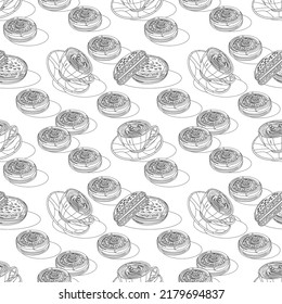 Сup Of Coffee, Oreo And Choco-pie, Seamless Pattern, Kitchen Table, Tablecloth. Gray Background. Lines