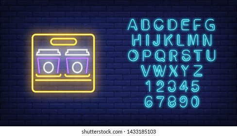 Coffee outdoor neon sign. Glowing illustration of outdoor billboard with two coffee paper cups. Can be used for coffee shops, cafe, advertisement