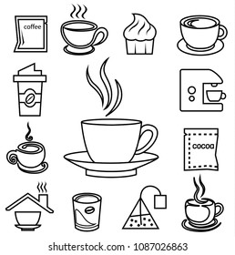 coffee outline icon set with accessories and ingredient of cup, bean, sugar, package, spoon, bread, can, cocoa