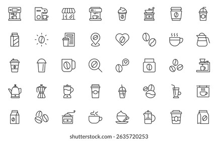 Coffee outline icon set. Icoffee maker machine, beans, Espresso cup. Collection of Outline Icons. Vector illustration.