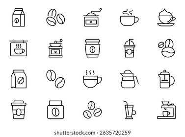 Coffee outline icon set. Icoffee maker machine, beans, Espresso cup. Collection of Outline Icons. Vector illustration.