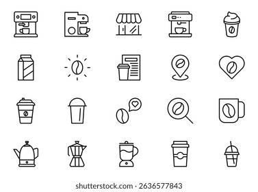 Coffee outline icon set. Icoffee maker machine, beans, Espresso cup. Collection of Outline Icons. Vector illustration.