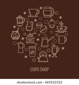 Coffee outline icons in circle design. Trendy thin line logo for cafe. Aromatic of mug cappuccino or latte, vector illustration