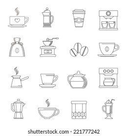 Coffee outline icons set with turk pouch jar isolated vector illustration