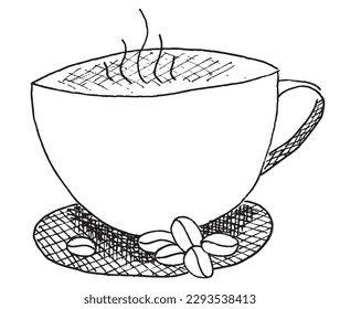 Coffee outline illustration vector image. 
Hand drawn coffee image artwork. 
Simple cute original logo of a monochrome coffee.
Hand drawn vector illustration for posters, cards, t-shirts.