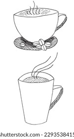 Coffee outline illustration vector image. 
Hand drawn coffee image artwork. 
Simple cute original logo of a monochrome coffee.
Hand drawn vector illustration for posters, cards, t-shirts.