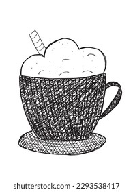 Coffee outline illustration vector image. 
Hand drawn coffee image artwork. 
Simple cute original logo of a monochrome coffee.
Hand drawn vector illustration for posters, cards, t-shirts.