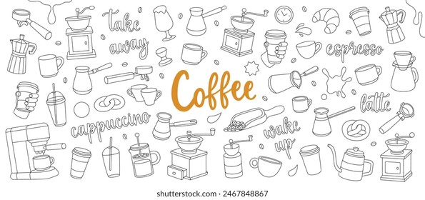 Coffee outline set. Beans, drinks, cups, pot, package, grinder, filter, machine, portafilter, kettle. Hand drawn elements for cafe menu, coffee shop.