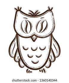 Coffee Owl in sketch hand drawn style on white background