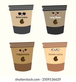 Coffee pack collection in kawaii style. Suitable for flat design graphic illustration, clip art,  posters, stickers, cards, etc