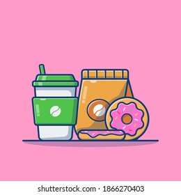 Coffee with coffee pack and donuts cartoon vector illustration. Coffee drink concept. Flat cartoon style
