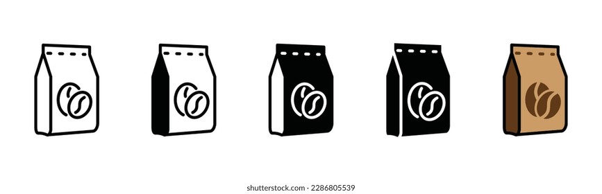 Coffee pack icon set. Coffee bag package icons. Pouch bag of coffee in line, flat, annd color style. Vector illustration