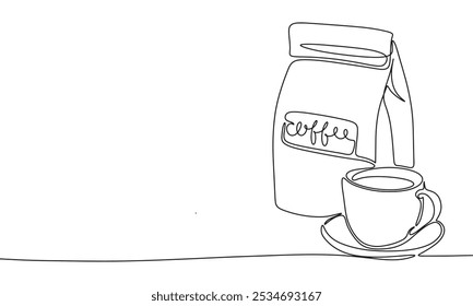 Coffee pack one line continuous. Coffee line art. Hand drawn vector art.