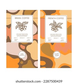 Etiqueta Cubrecama De CAFÉ Resumen Estilo Simple Viñeta Coloridas Figuras Doodle En Orgánico Con Guisantes De Café Dibujados A Mano Plantillas De Empaquetado Diseño Y Etiquetas Conjunto De Vectores
