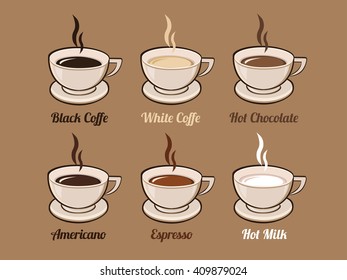 Coffee Pack Vector. Hot  Chocolate. Hot Milk. Black Coffee. White Coffee. Espresso. Cappuccino. American Coffee