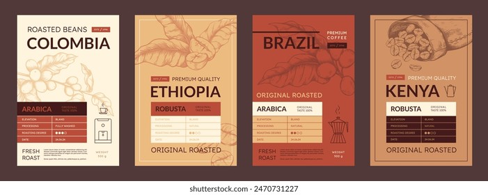 Coffee package. Bean label, vintage cafe cup or chocolate food plantation, espresso drink or arabica grain. Sketch style illustration. Caffeine product packaging template. Vector design logo