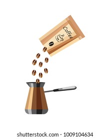 Coffee in the package and coffee beans. Isolated Vector Illustration