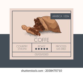 Coffee package design. Minimalistic template with logo and product data. Elegant label layout for foreign products. Corporate identity. Flat vector illustration isolated on black and white background