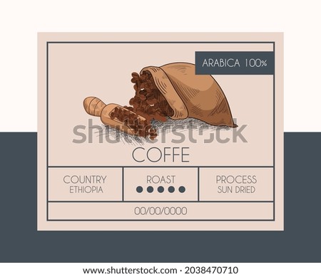 Coffee package design. Minimalistic template with logo and product data. Elegant label layout for foreign products. Corporate identity. Flat vector illustration isolated on black and white background