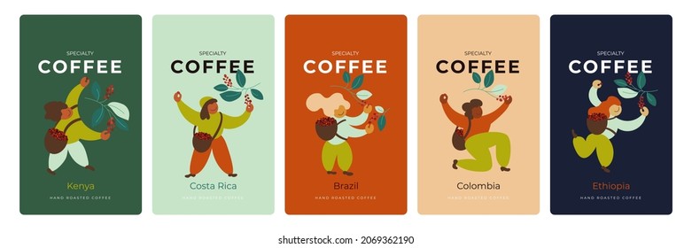 Kaffeepaket Design Set. Etikettensammlung, Vorlage für die Markenverpackung handgeröstete Kaffeebohnen. Vektorgrafik von glücklichen Pickern ernten rote Beeren. Äthiopien, Kolumbien-Mischung für Cappuccino