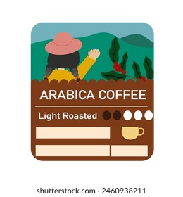 Coffee package design set. Label collection, template for brand packaging hand roasted coffee beans. Vector illustration of happy pickers harvest red berries.