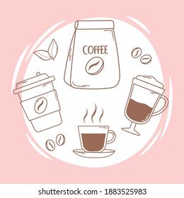 coffee package disposable cup and frappe line and fill vector illustration