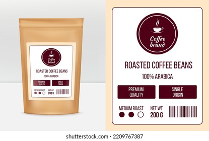 Coffee package label, food bag design. Sticker with hot beverage in cup, realistic mockup, product template, paper kraft pouch package. Zipper sachet front view. Vector realistic print