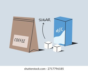 Pacote de café e pacote de leite com açúcar