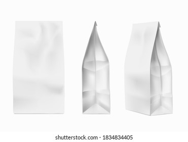 Coffee package mockup. White foil paper bag template for coffee, salt, sugar. Spices, flour, cookie product packing vector set. Bag and pack mockup foil, snack package, pouch coffee illustration