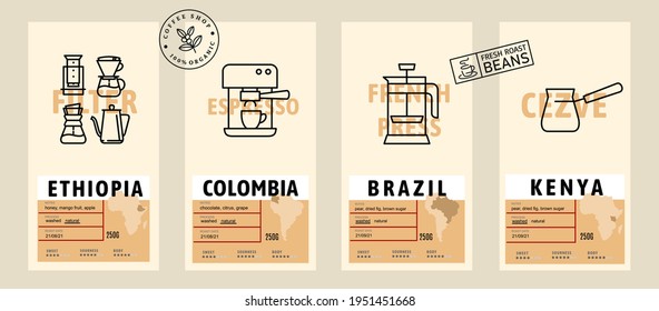 Coffee Package With Text And Line Icons. Paper Packaging Label. Design Template.