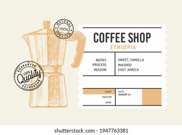 coffee package with text and coffee maker pot. Trademark with hand drawn element