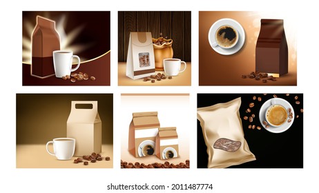 Coffee Packages Promotional Posters Set Vector. Coffee Roasted Beans, Dink Cup And Blank Bags Packaging On Creative Advertising Banners. Natural Bio Product Style Concept Template Illustrations