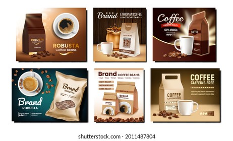 Coffee Packages Promotional Posters Set Vector. Coffee Roasted Beans, Dink Cup And Blank Bags Packaging On Creative Advertising Banners. Natural Bio Product Style Concept Template Illustrations