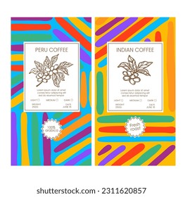 COFFEE PACKAGING AFRICAN DESIGN Abstract Simple Style Vintage Colorful Figures Doodle In Organic With Hand Drawn Coffee Beans On Labels Vector Template Set